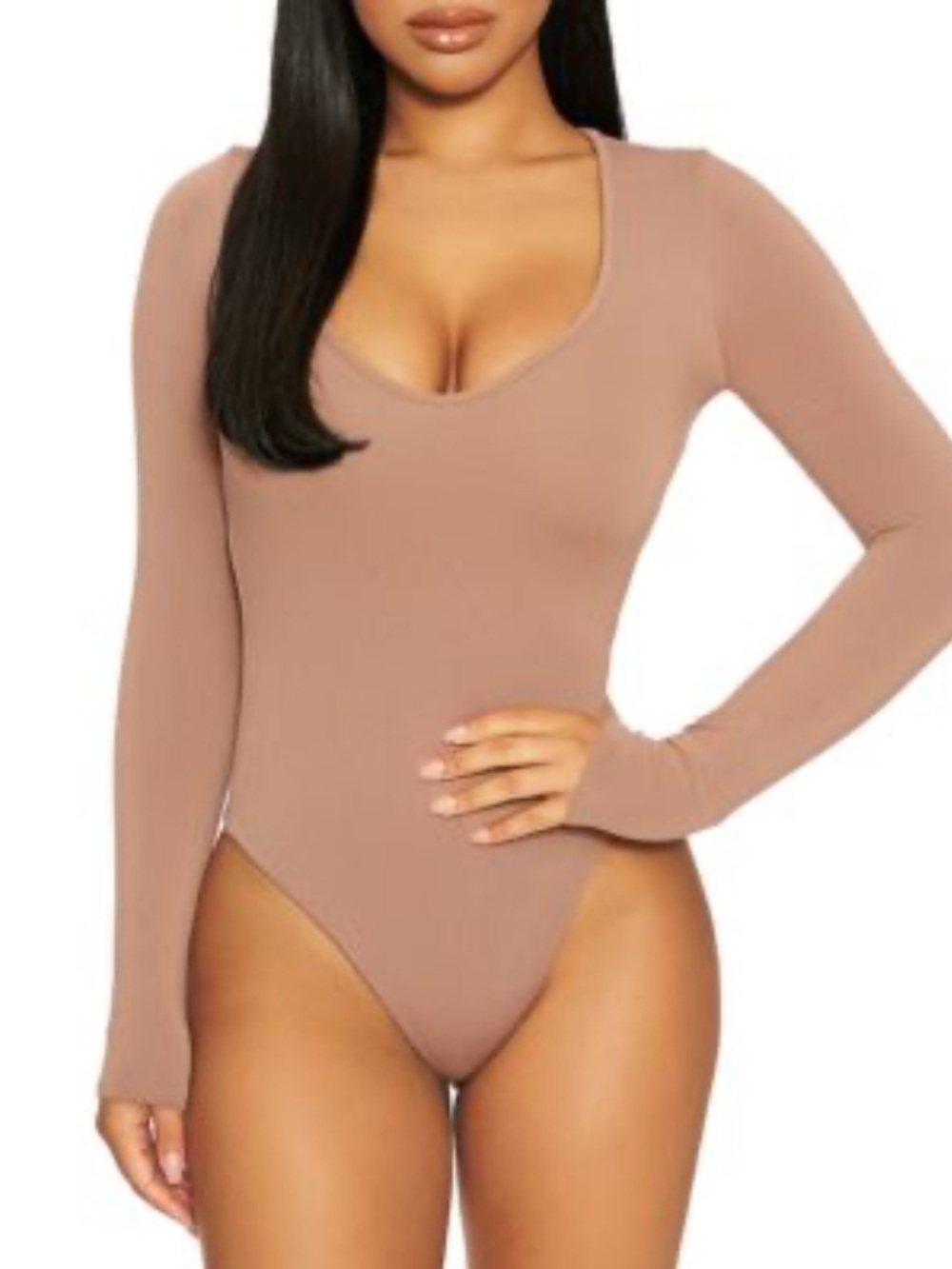 NAKED WARDROBE Bodysuit NWT Plunge V Neck Thong Long Sleeve Bougie Beige Size S